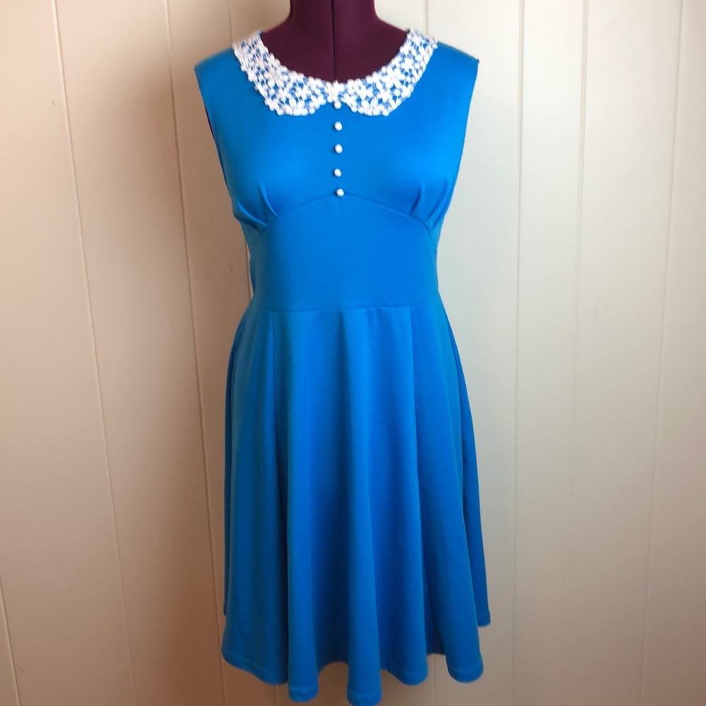 Oten Blue Fit & Flare Lace Collar Dress